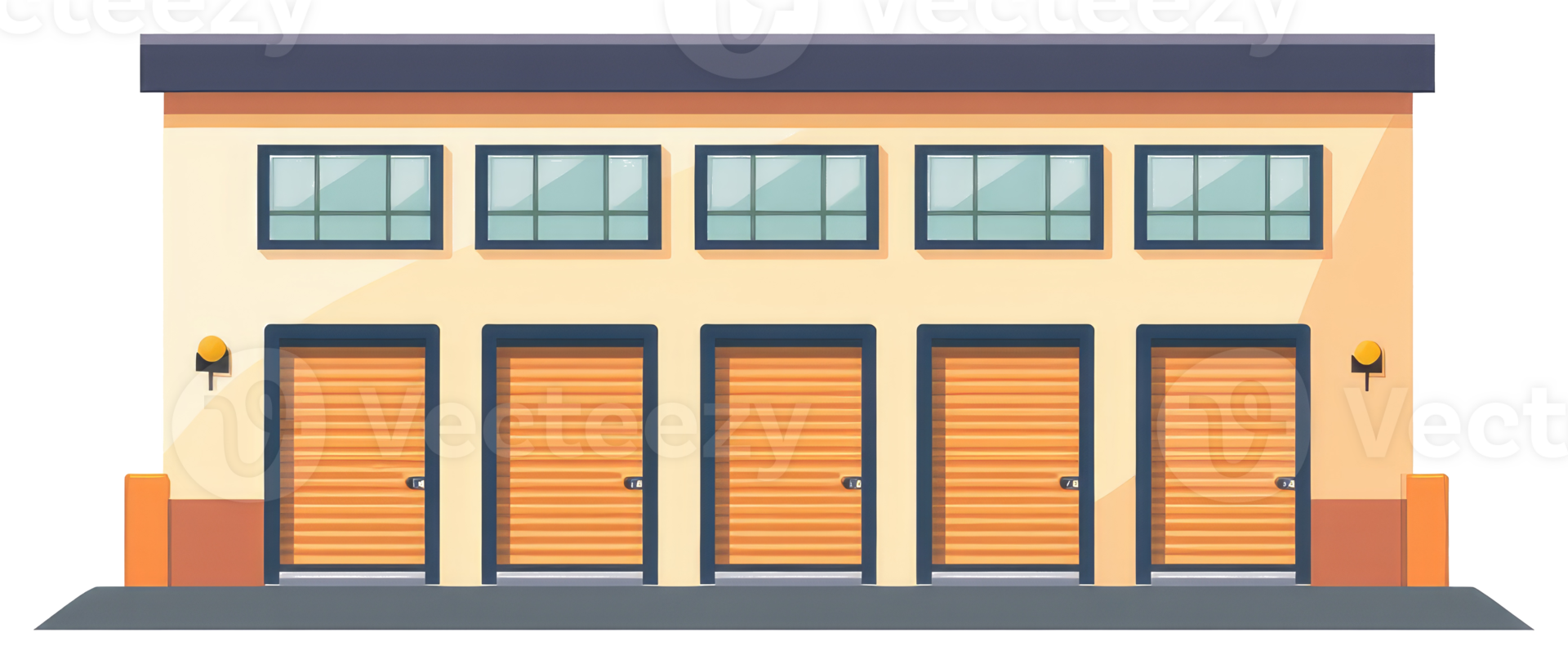 A cartoon depiction of a building with multiple storage units png
