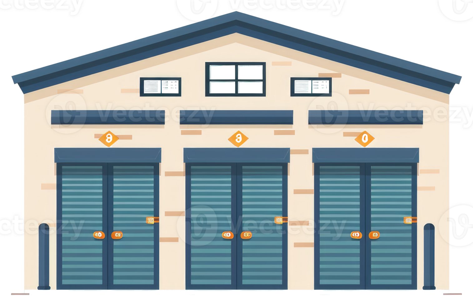 A cartoon style building with roller shutter doors in a row png