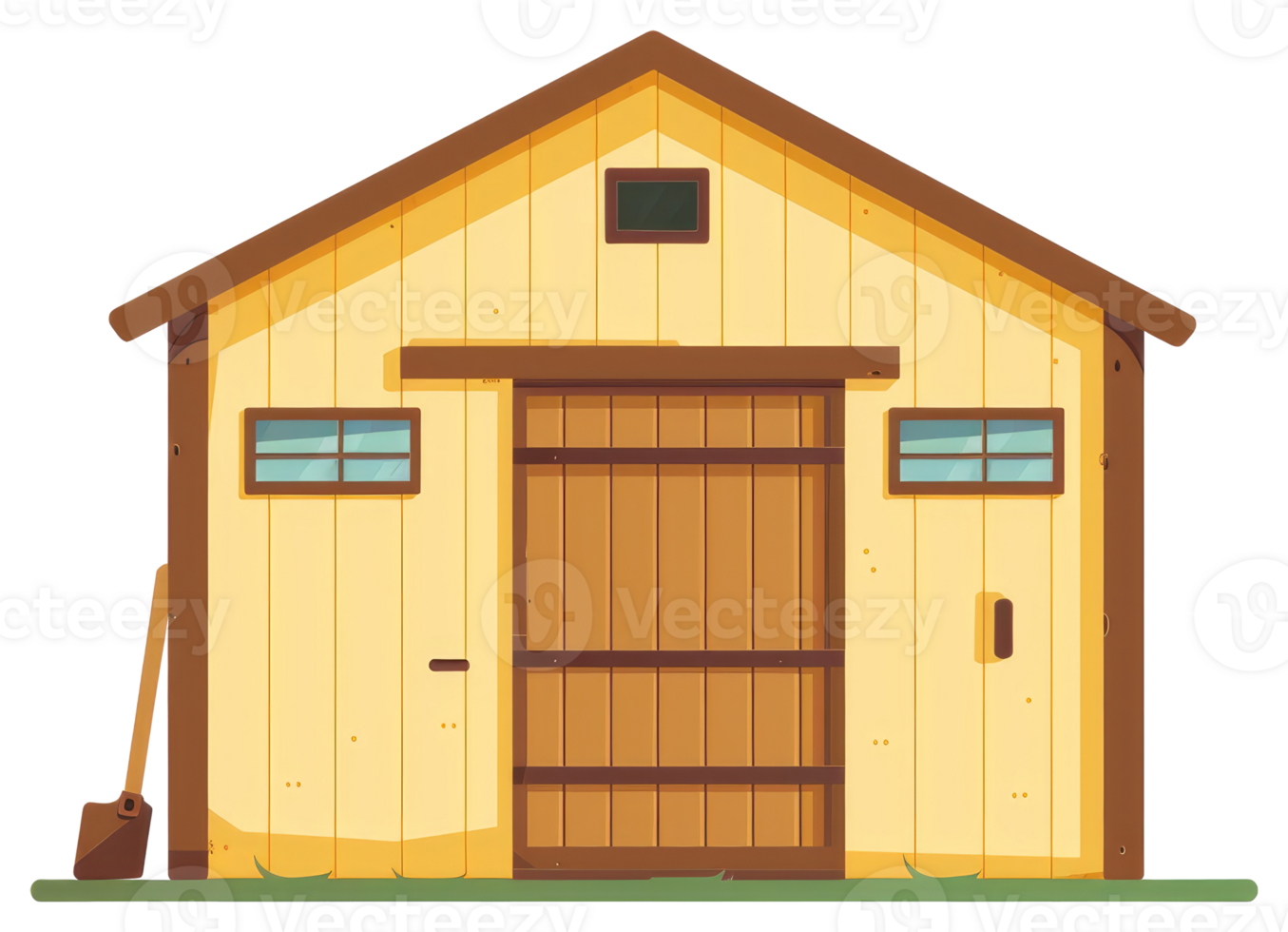 Illustrated depiction of a simple wooden shed with windows and a door png