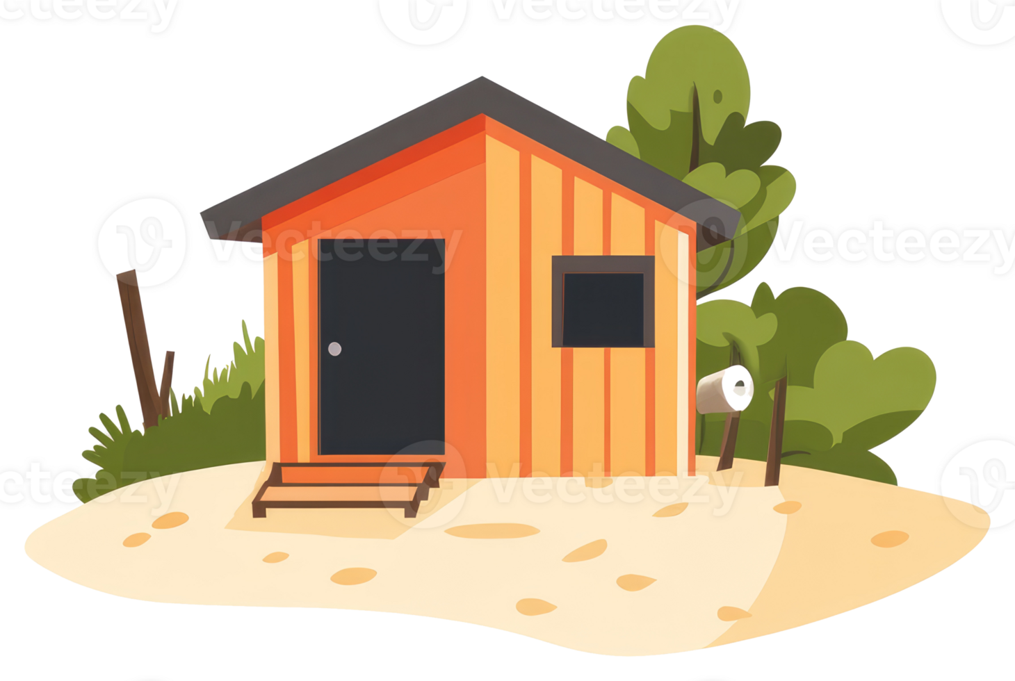 A small orange cabin with green trees and bushes around png