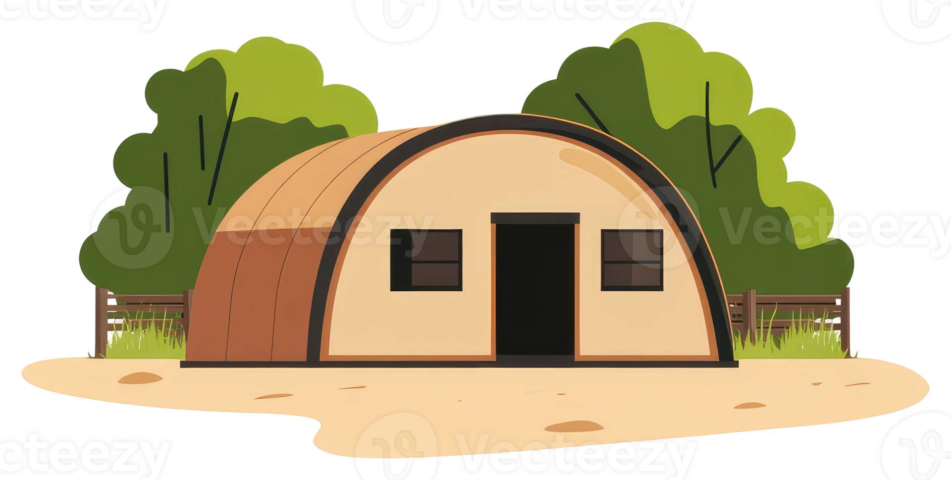 An illustration showcasing a simple building surrounded by nature elements png