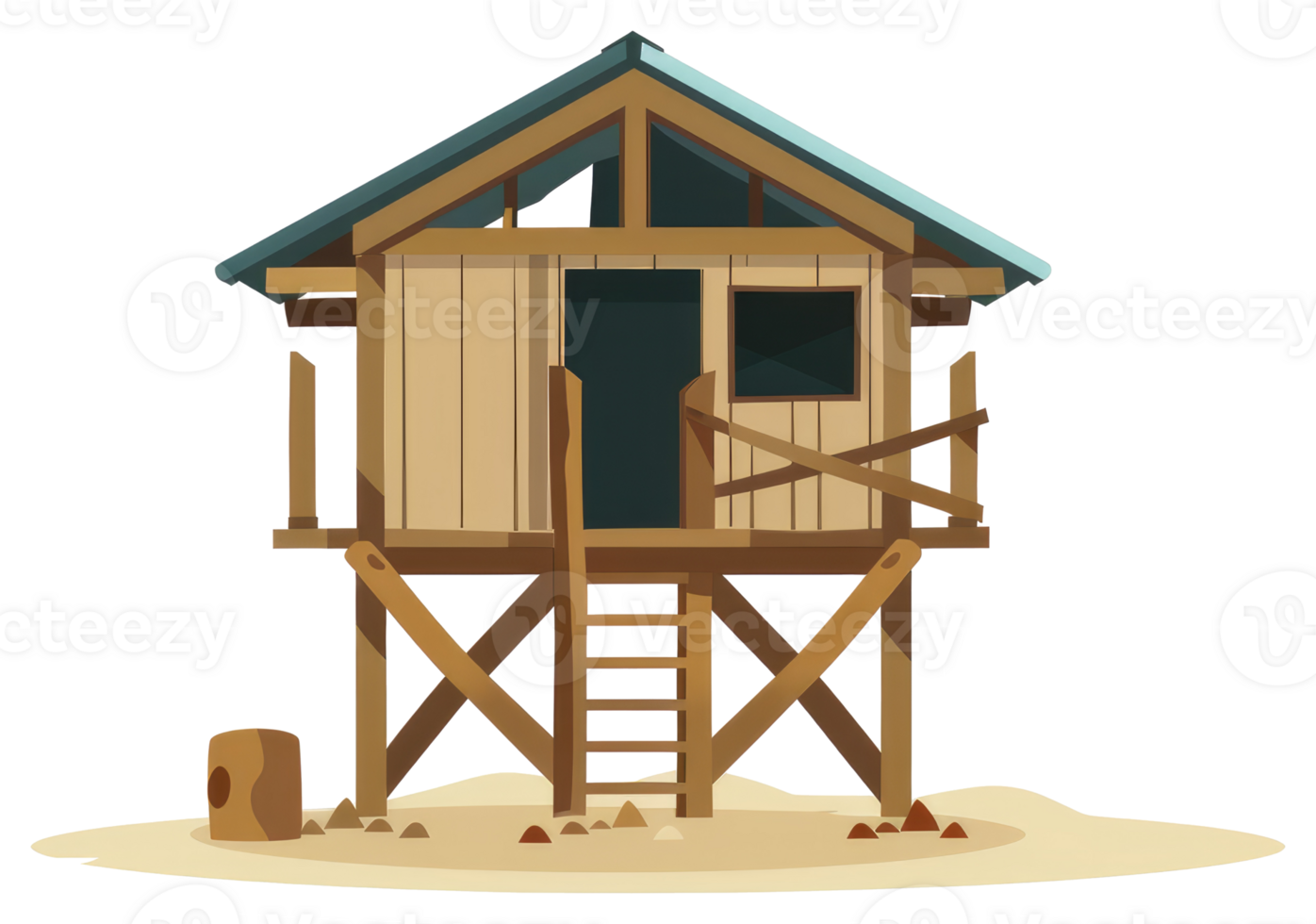 A wooden stilt house illustration stands on a sandy ground surface png