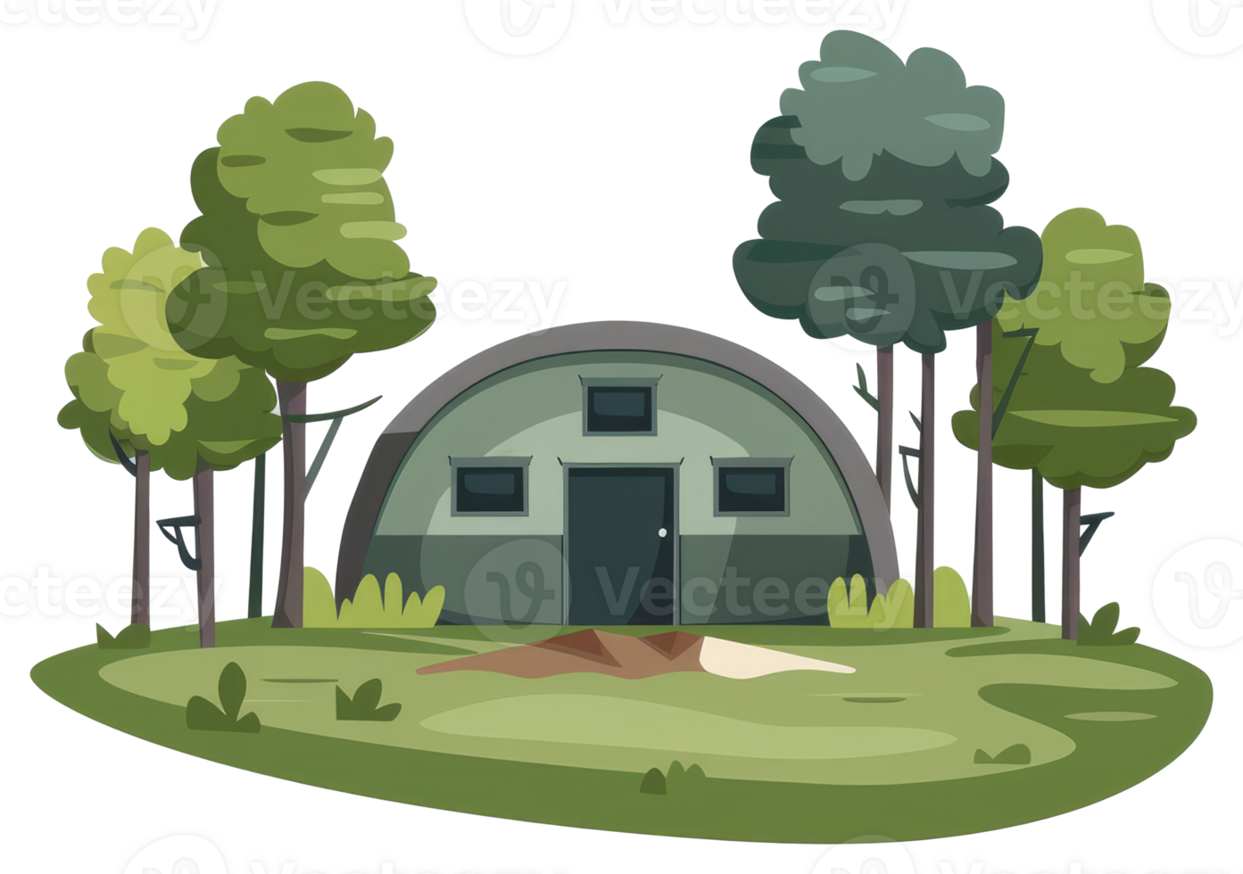 A green tent stands in a grassy field surrounded by trees png