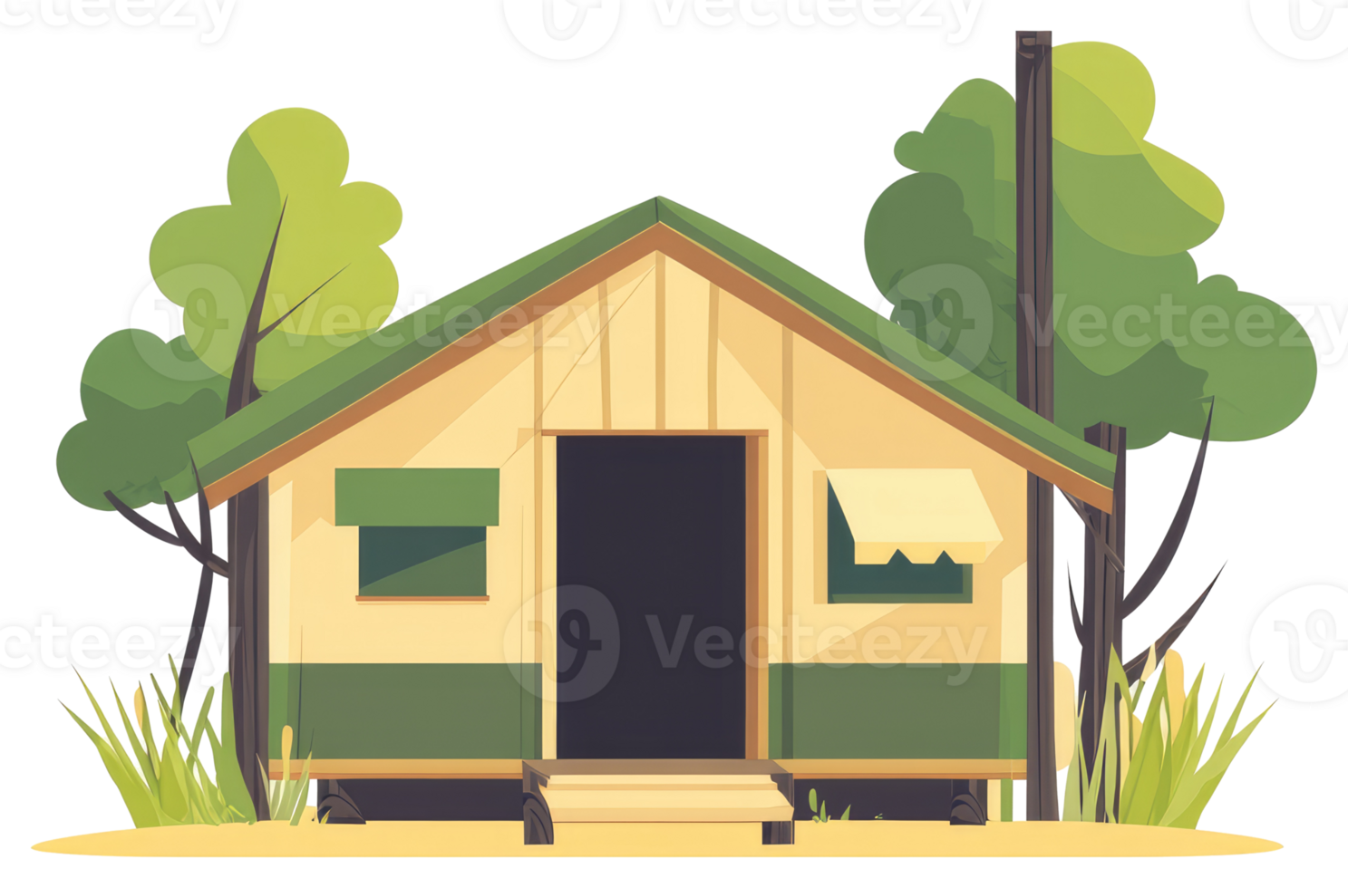 A simple illustrated camping cabin among surrounding trees and grass png