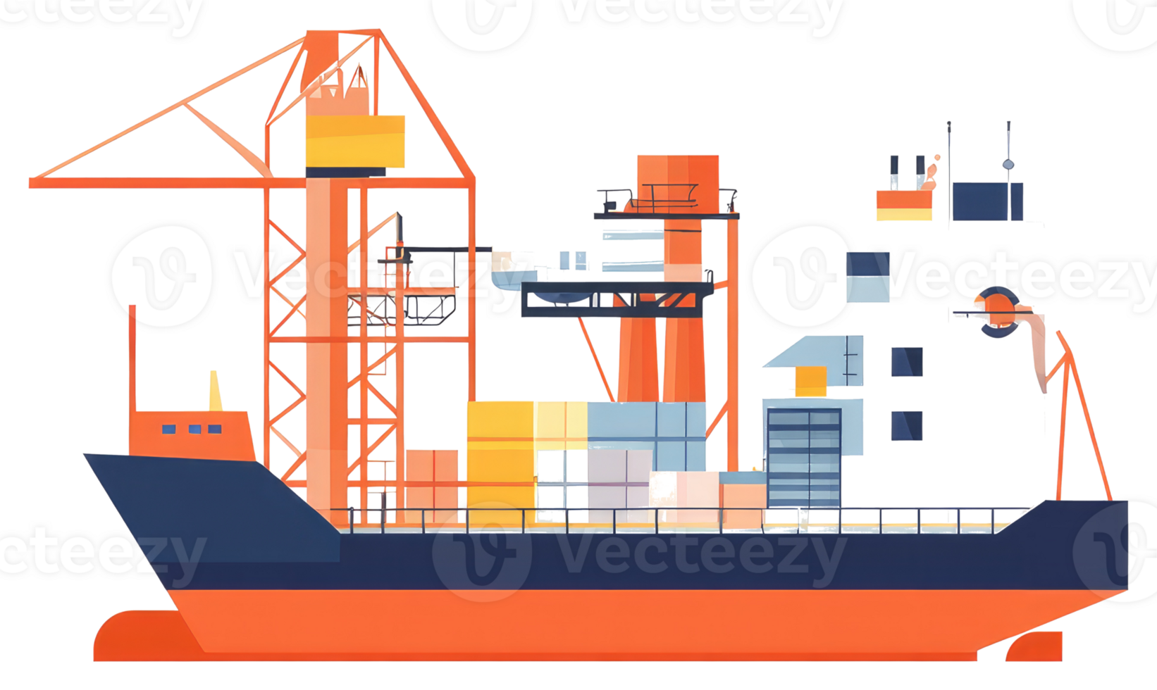 A cargo ship being loaded or unloaded at a harbor dockside png