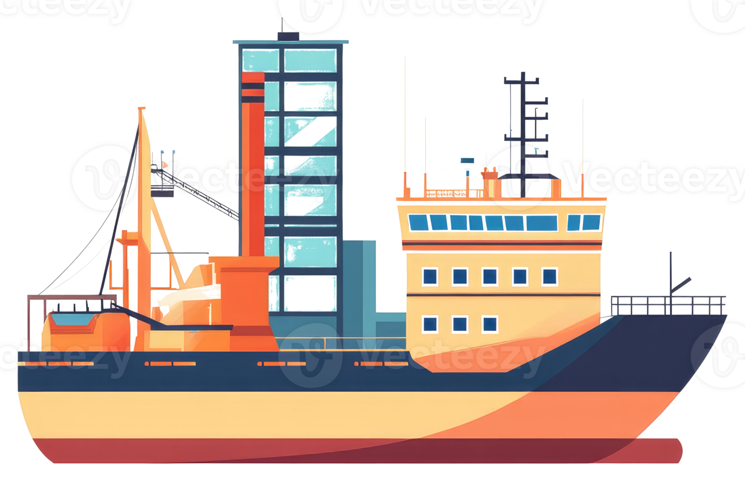 An illustrated cargo ship at sea with its industrial features png
