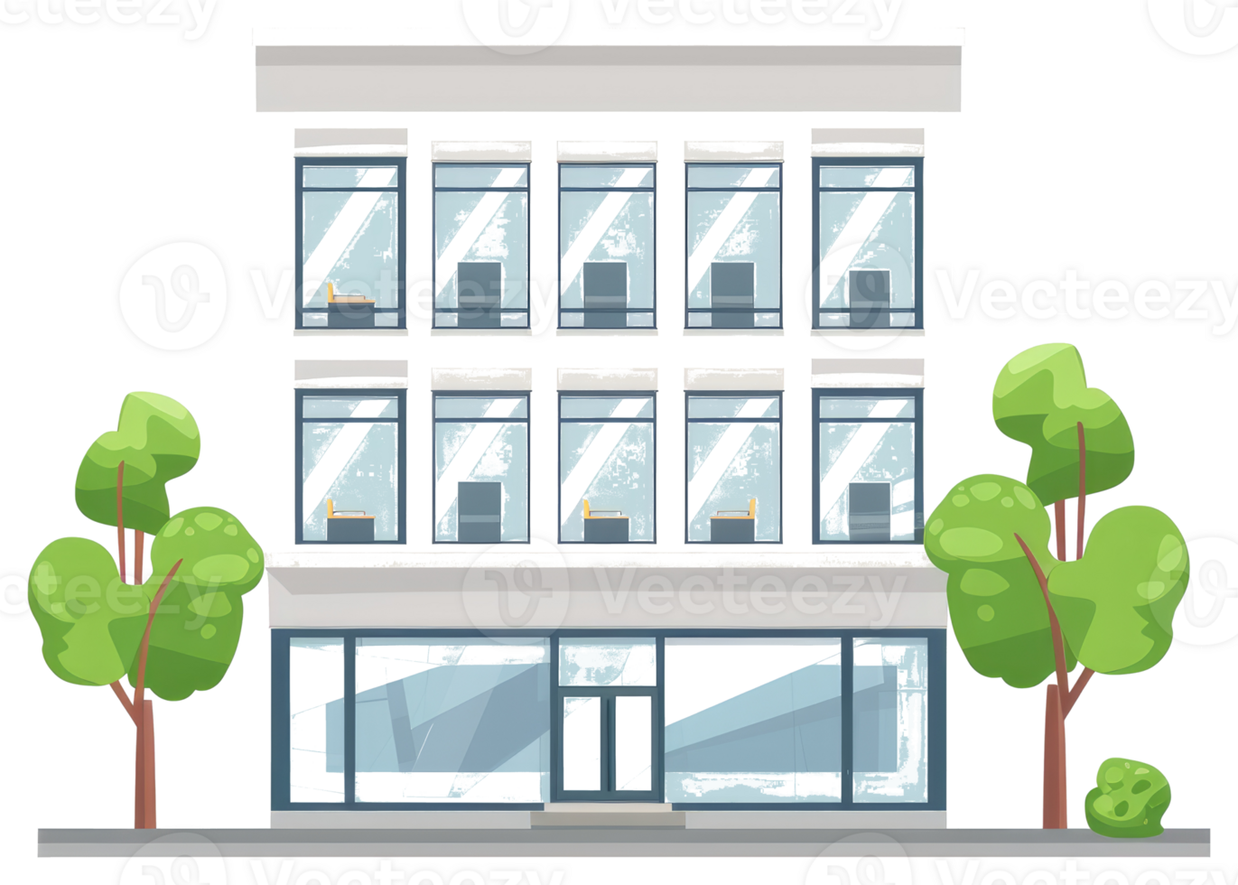 A cartoon building with office spaces and some green trees png