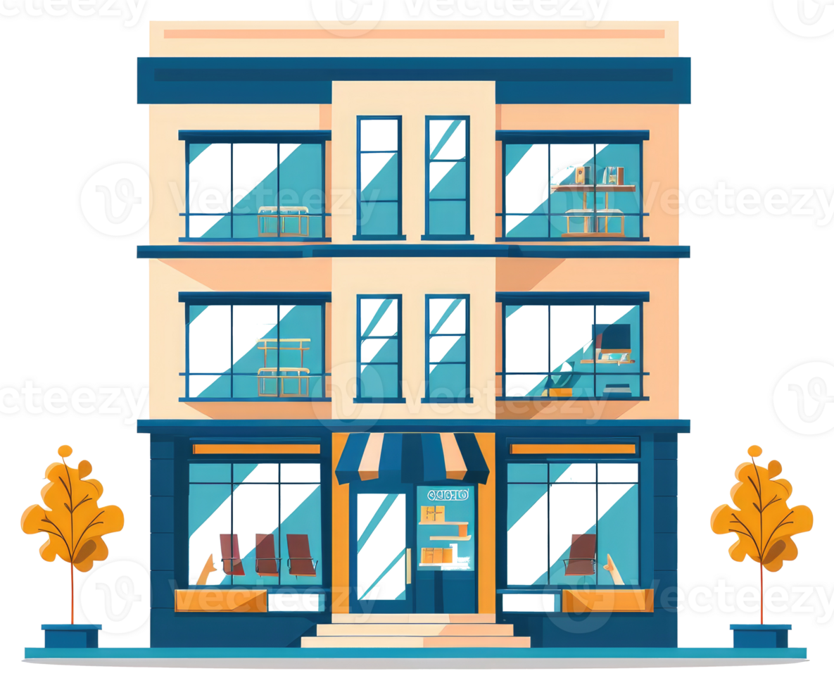 A colorful three story building with large windows and trees png