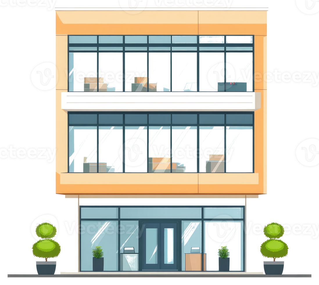 A modern three story office building with large glass windows png