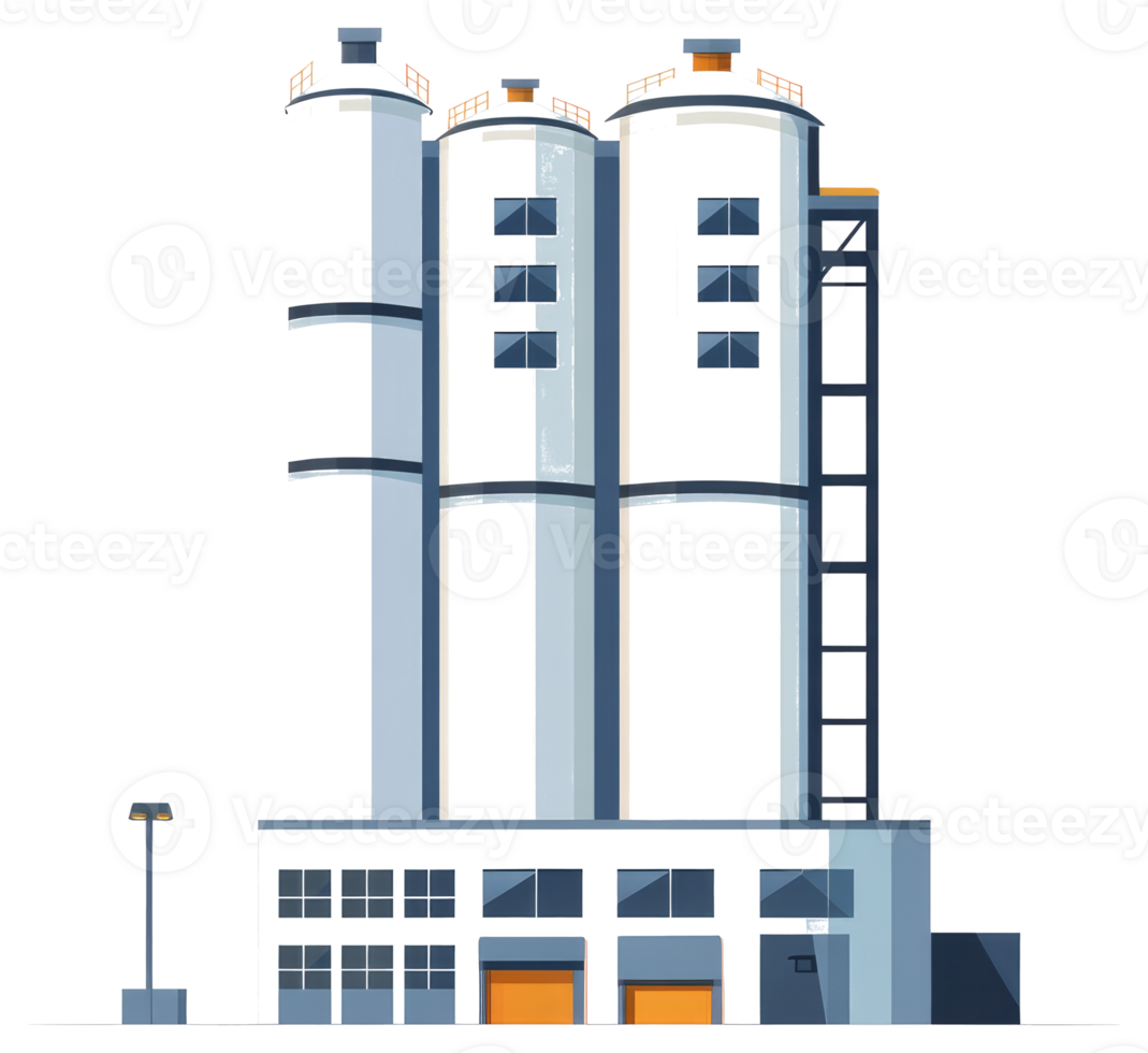 Illustrated image depicting an industrial facility with silos and a base png