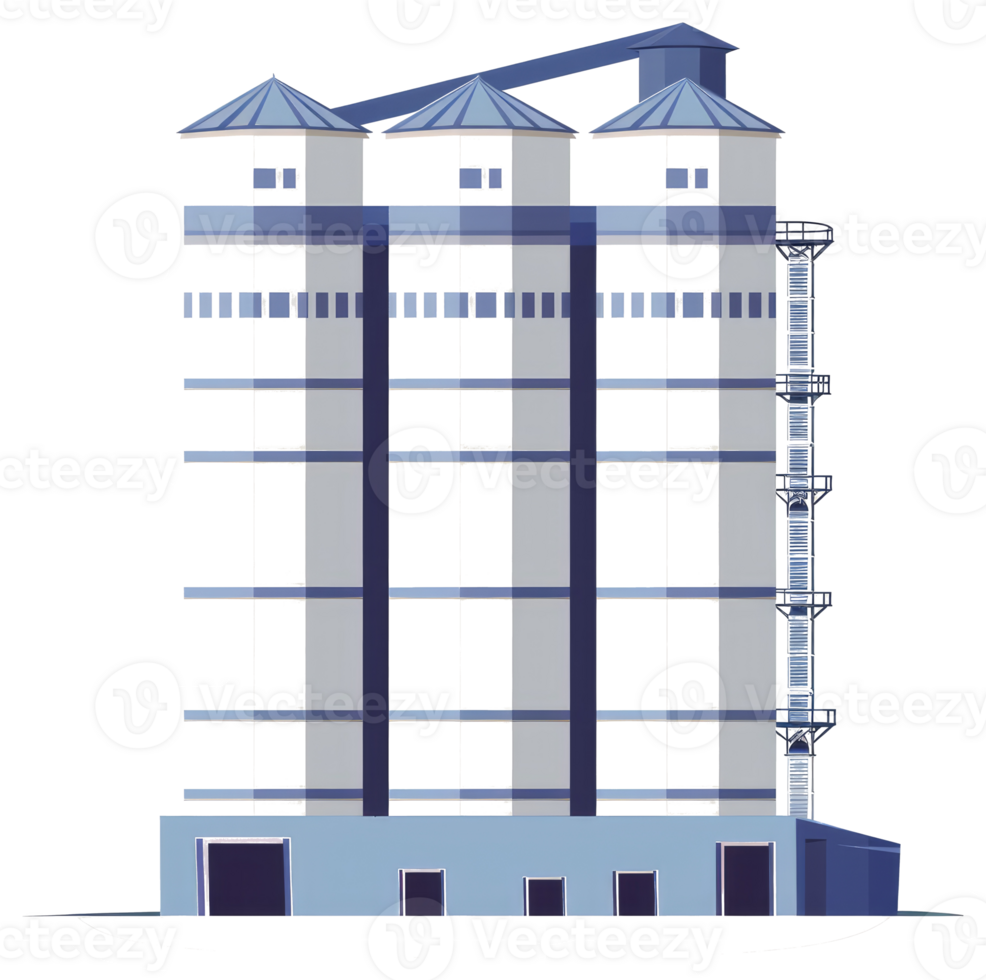 An industrial facility depicts three connected storage tower structures png