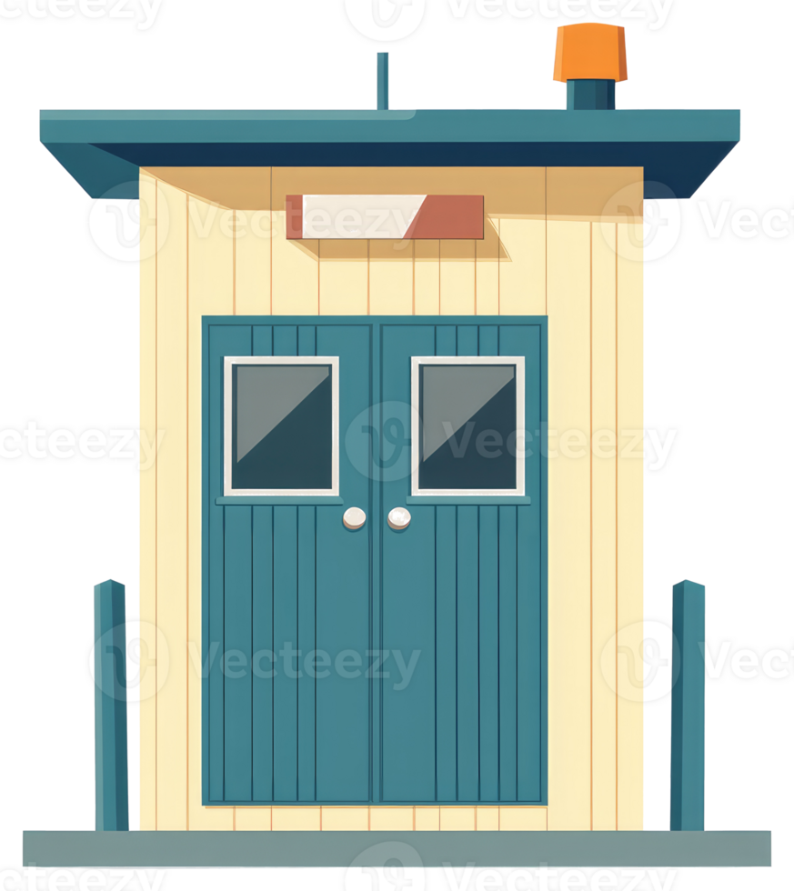 A small building with teal doors and an orange light on the roof png