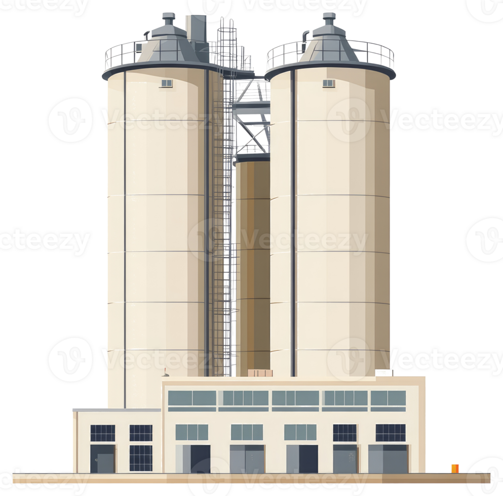 Large industrial silos with supporting buildings and structures are present png