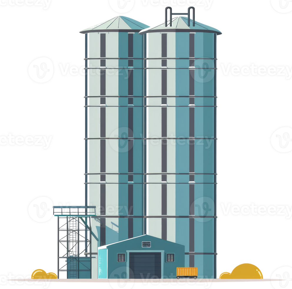Two large grain silos with a connected storage facility are seen png