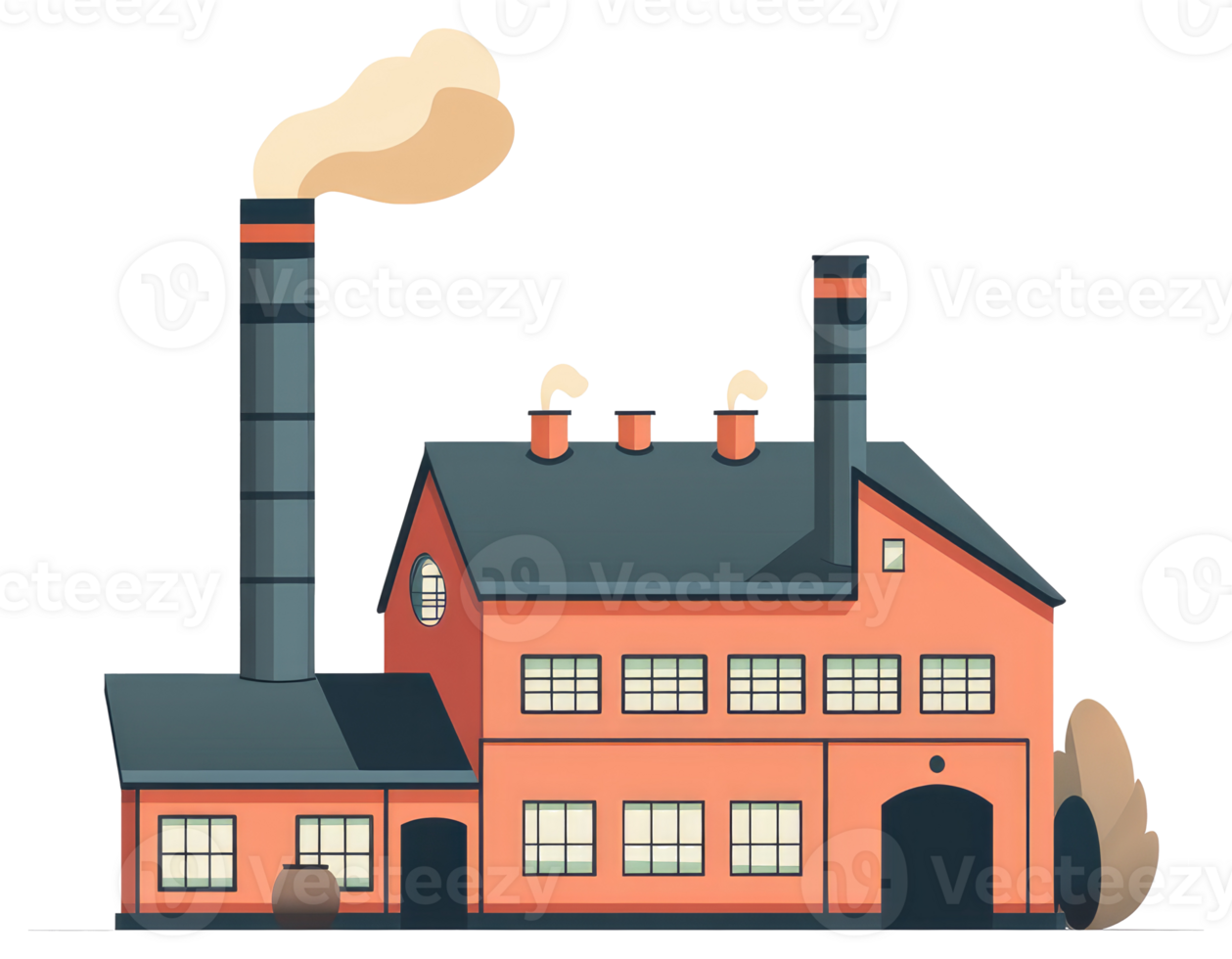 An industrial illustration depicts a factory with chimneys and emissions png