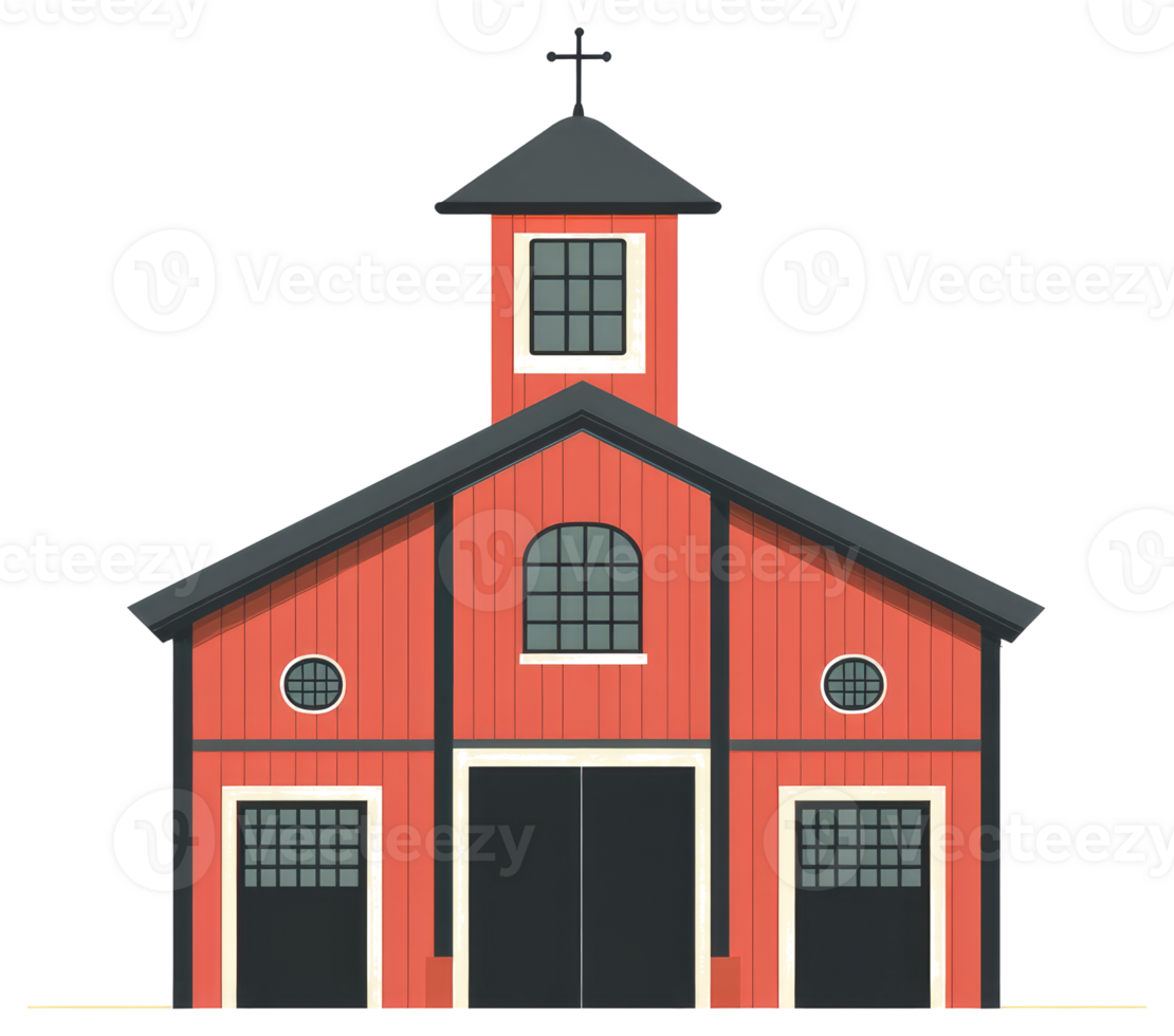 A red building with a cross on top of the roof png