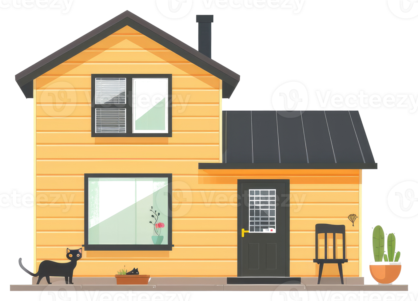 A cartoon illustration of a simple yellow house with cats png