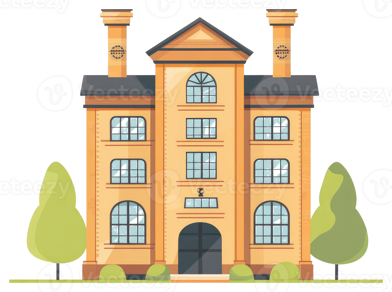 Detailed illustration depicting a large three story building with trees png