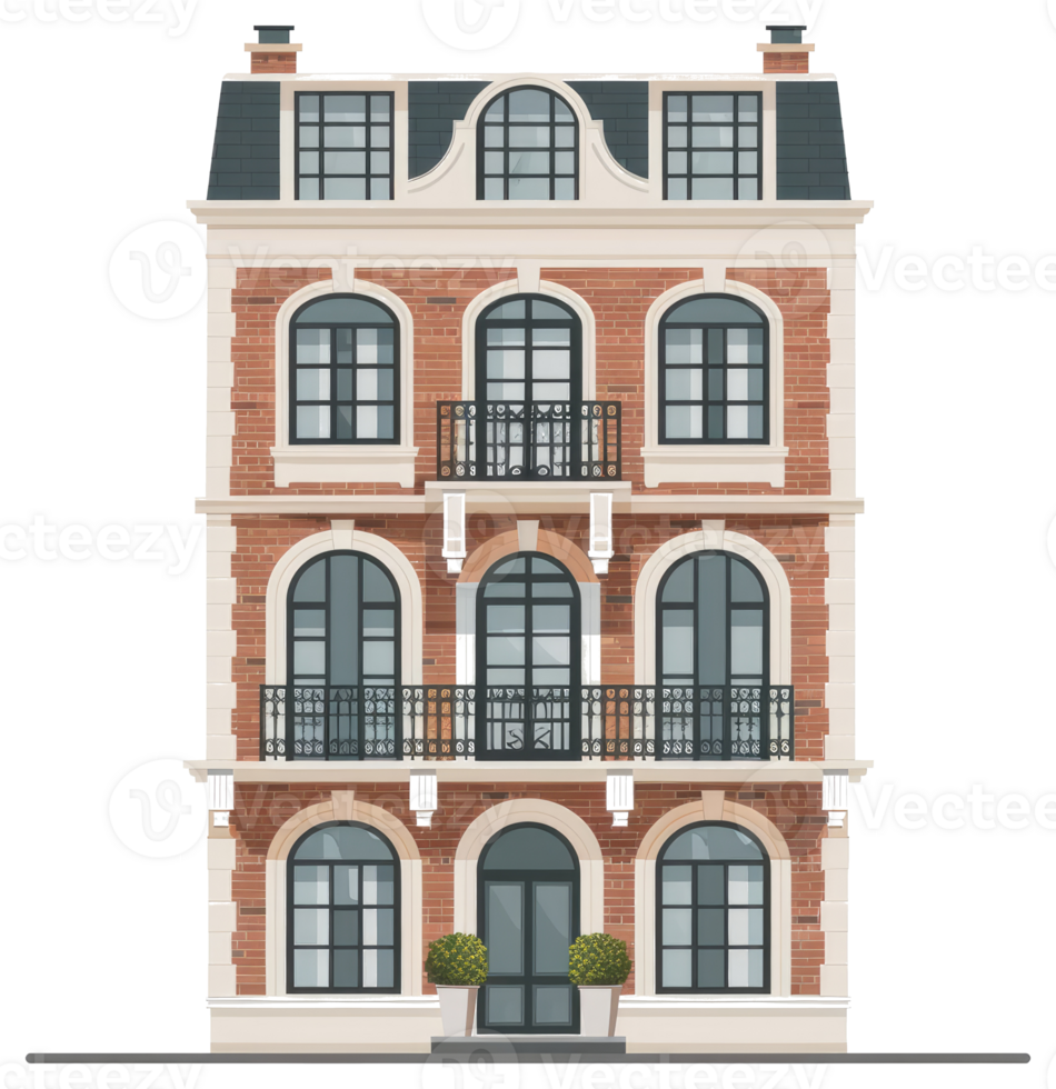 A detailed front view of a brick building with multiple floors png