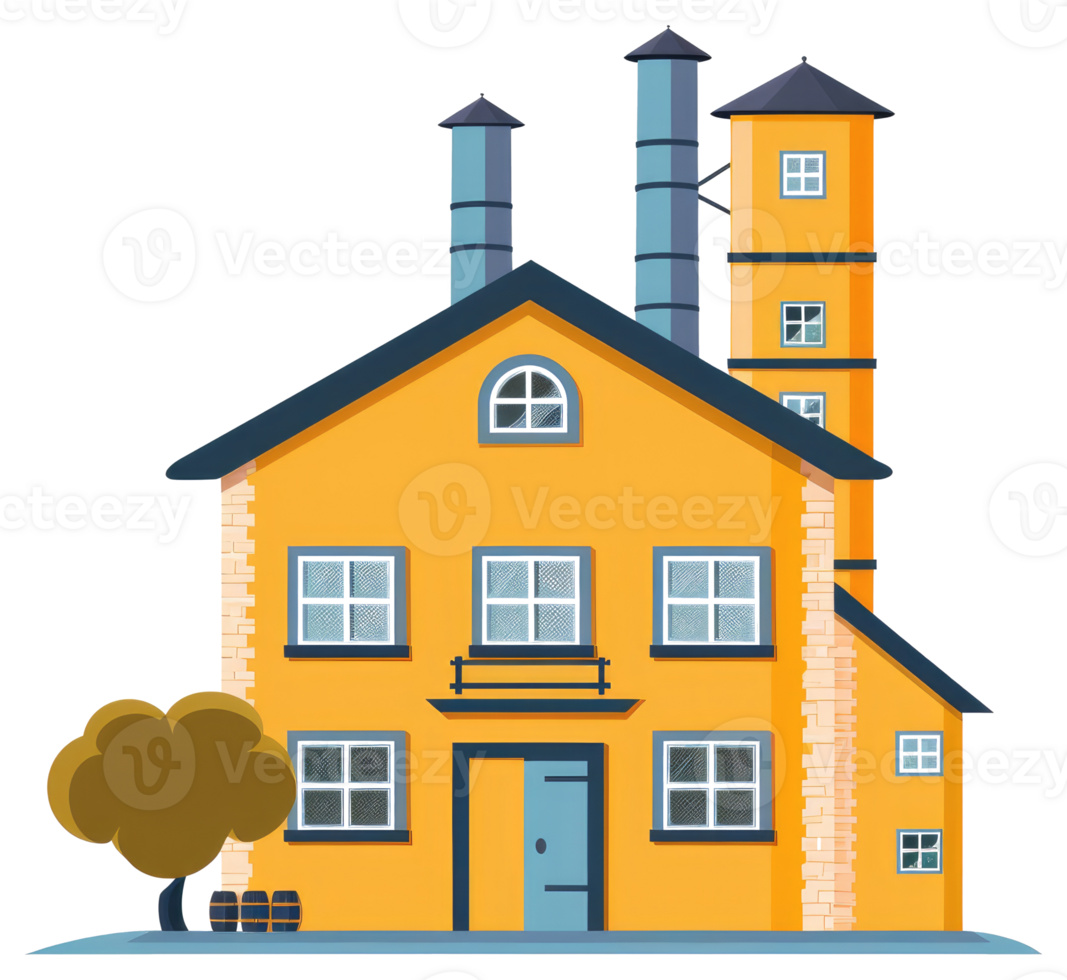 A colorful illustration of a factory with a tower and tree png