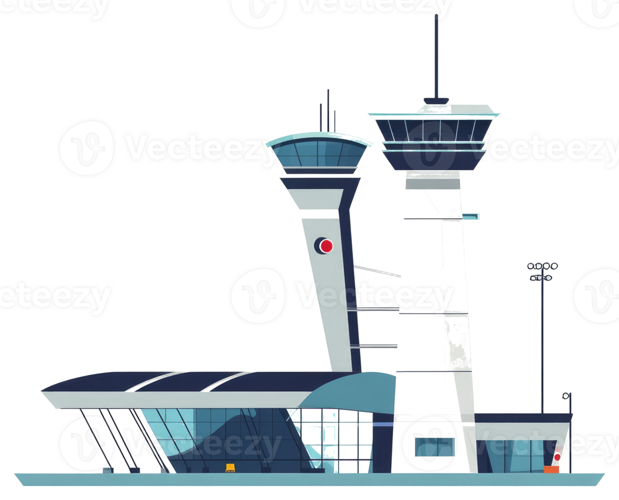 An illustration of a modern airport control tower and terminal png