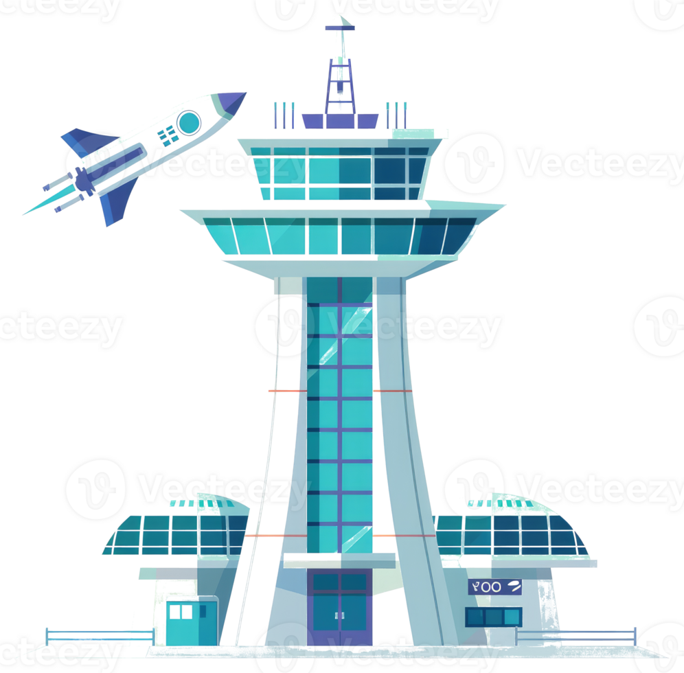 A futuristic air traffic control tower with a spacecraft in flight png