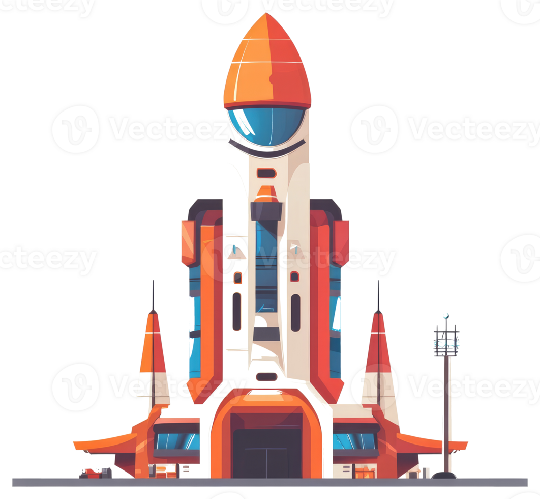 A colorful illustration of a space station and rocket launch building png