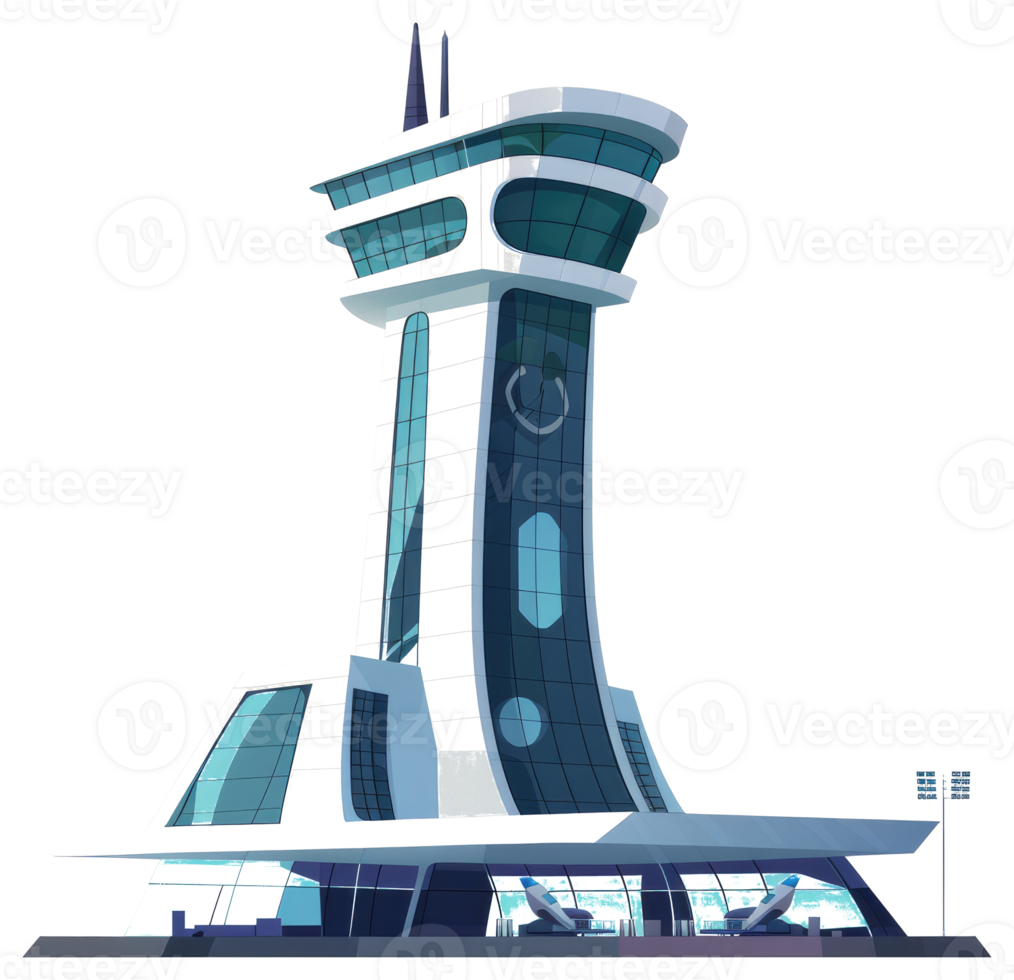 Modern airport control tower with airplanes in the terminal building png