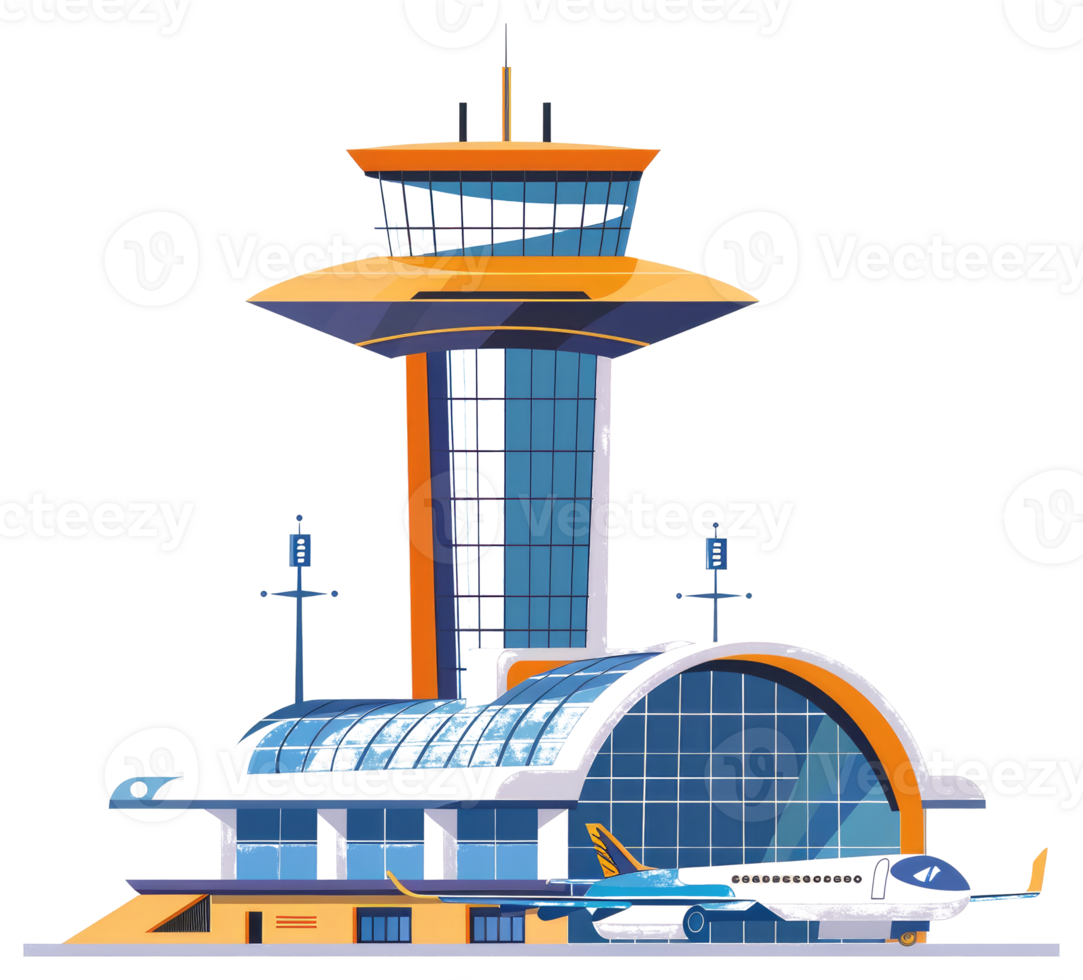 A colorful airport illustration with an air traffic control tower png