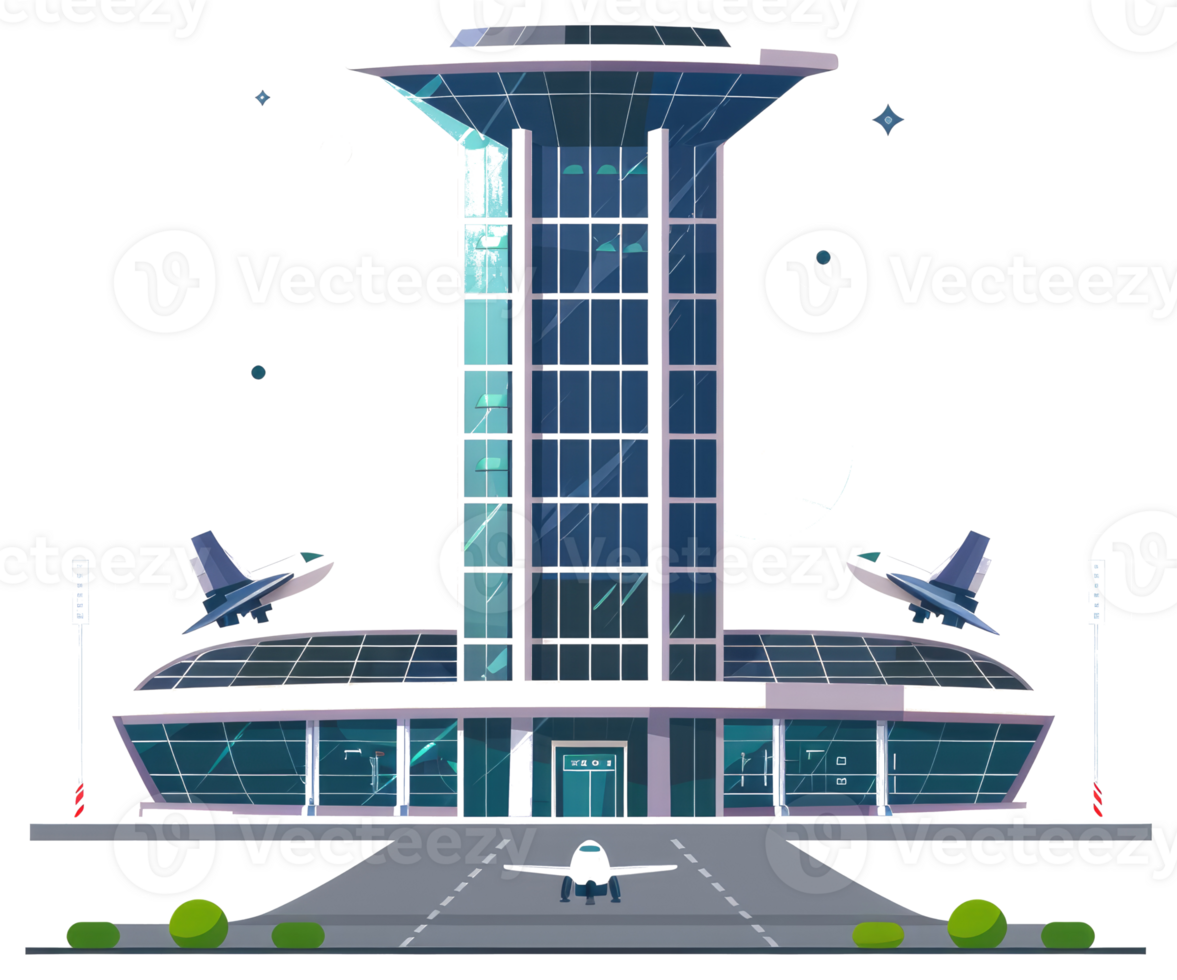 An architectural illustration depicts an airport terminal with airplanes on the ground png
