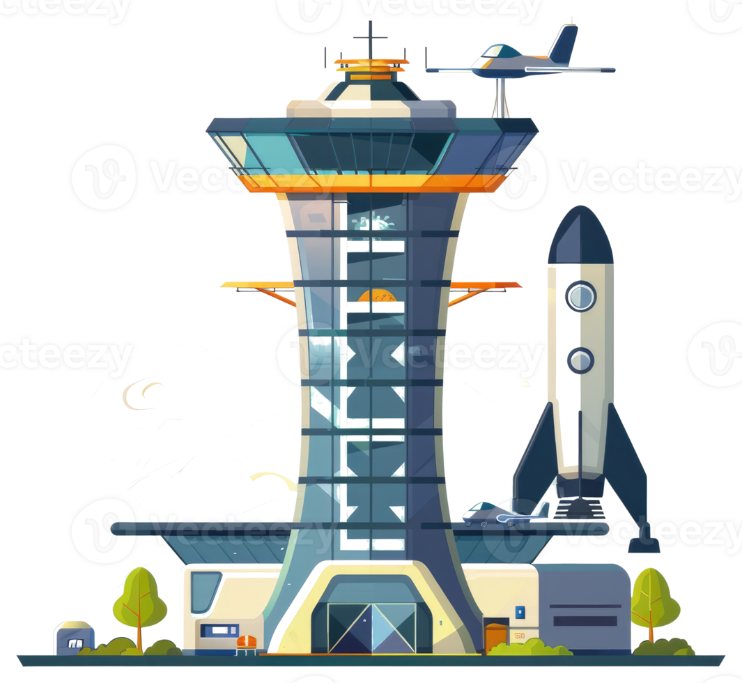 Modern stylized illustration showcasing an airport control tower and space rocket png