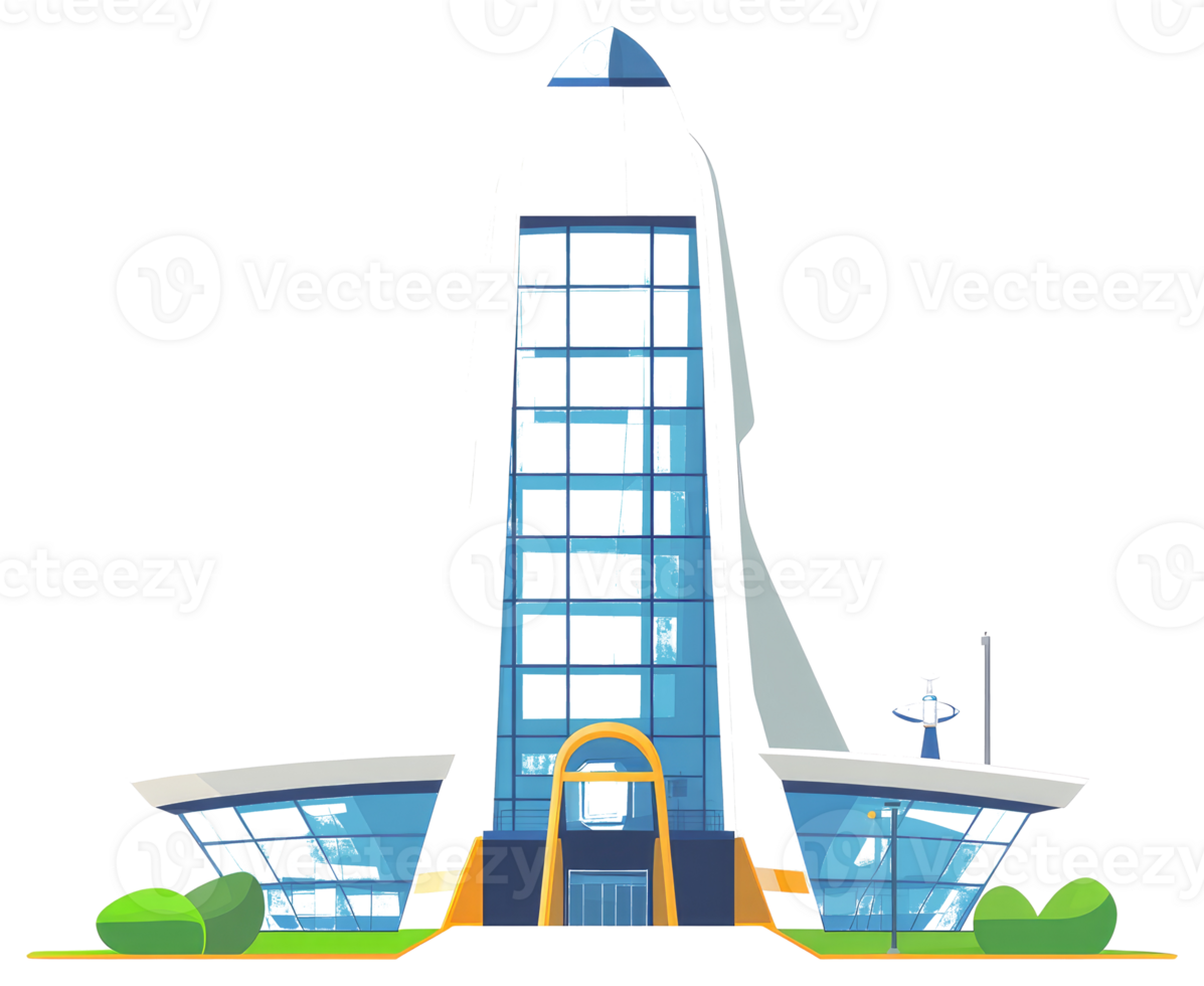 A tall modern building with glass windows and rounded wings png