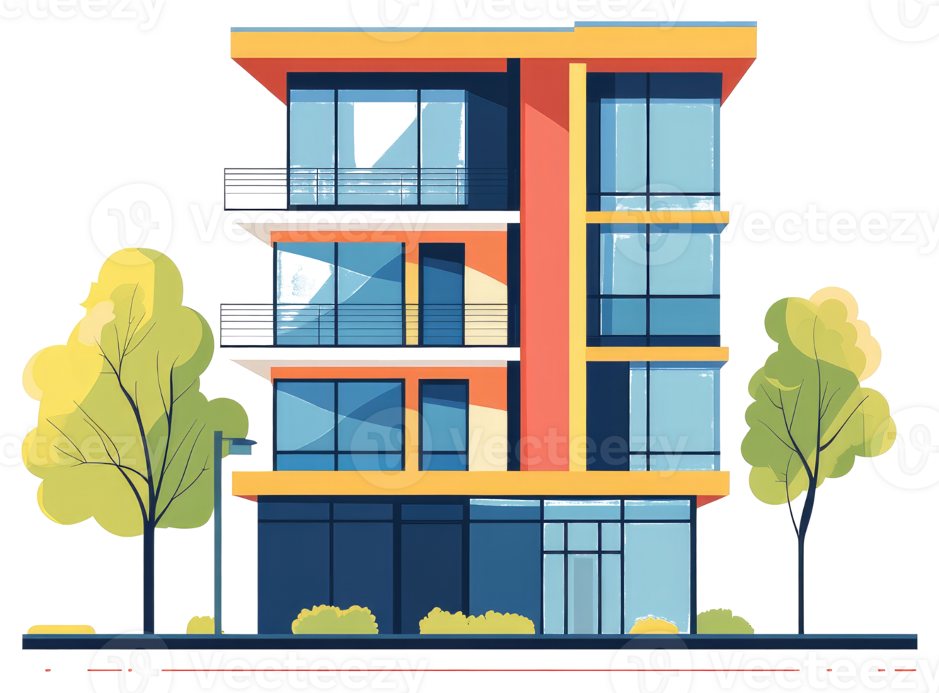 Colorful modern multi story apartment building with trees nearby png