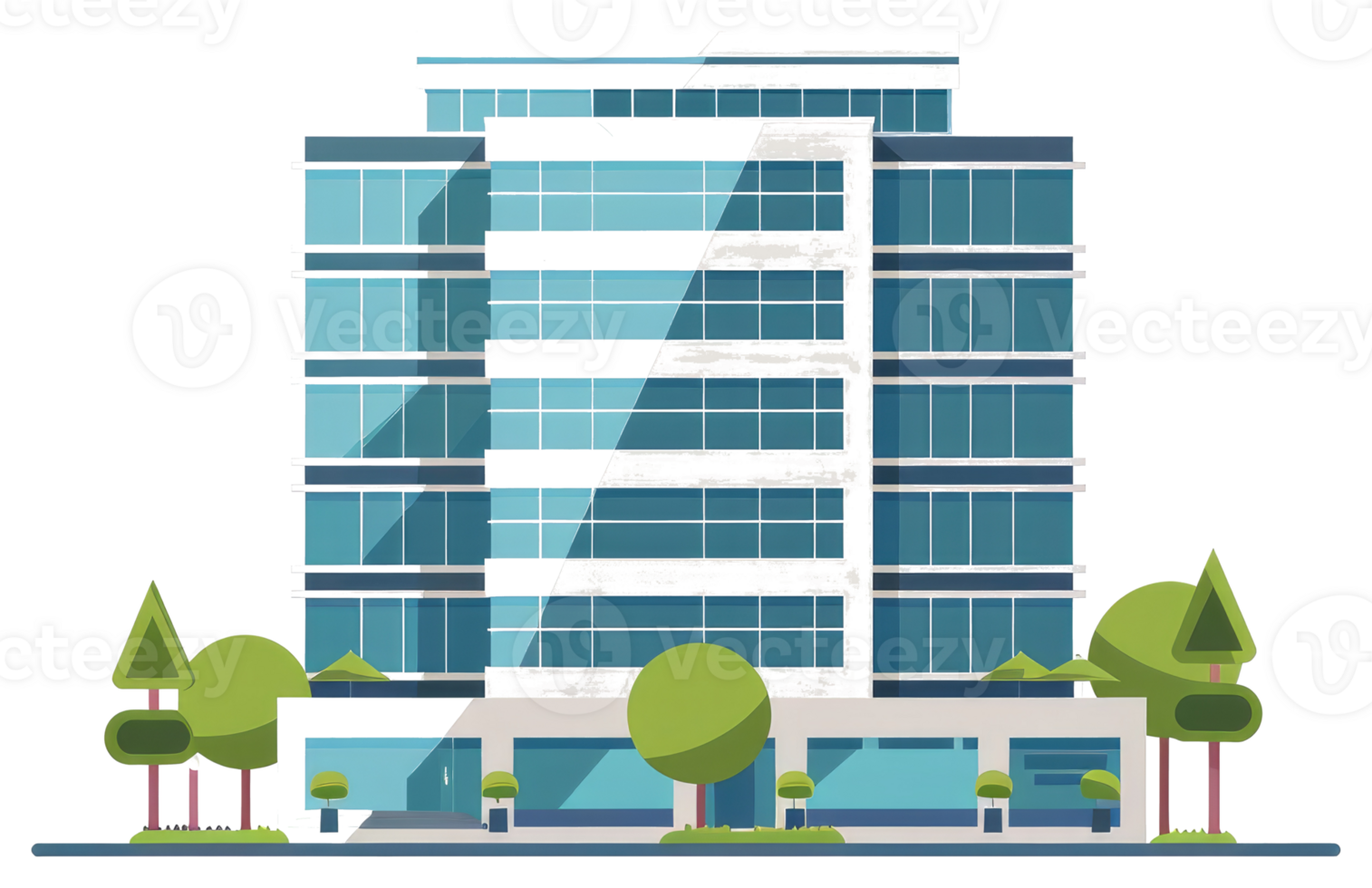Modern office building illustrated with trees and a minimalistic style png