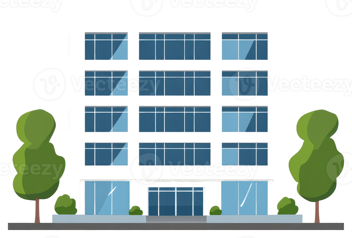 An illustration of a modern office building with trees nearby png