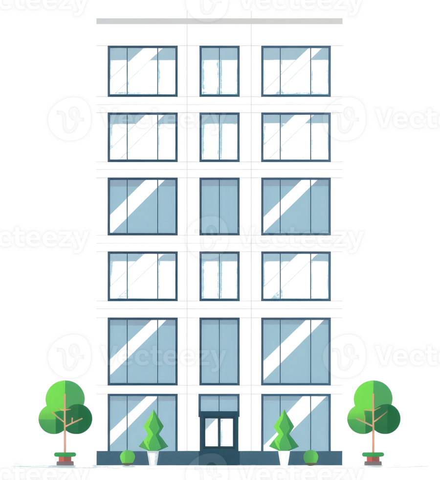 A tall white apartment building with many windows and trees png