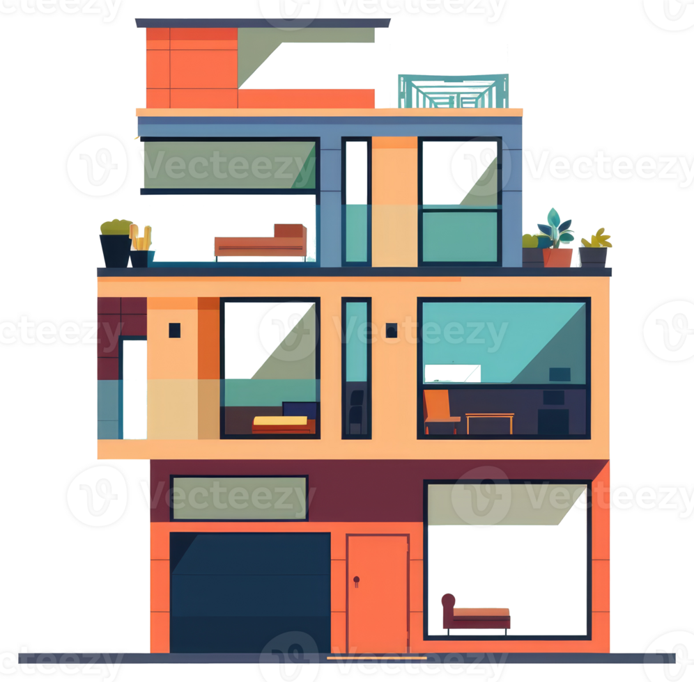 Modern three story house illustration with stylish architecture and design png