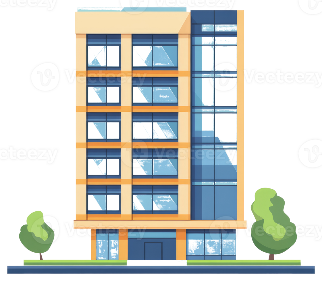 An illustration of a tall building with trees and bushes png