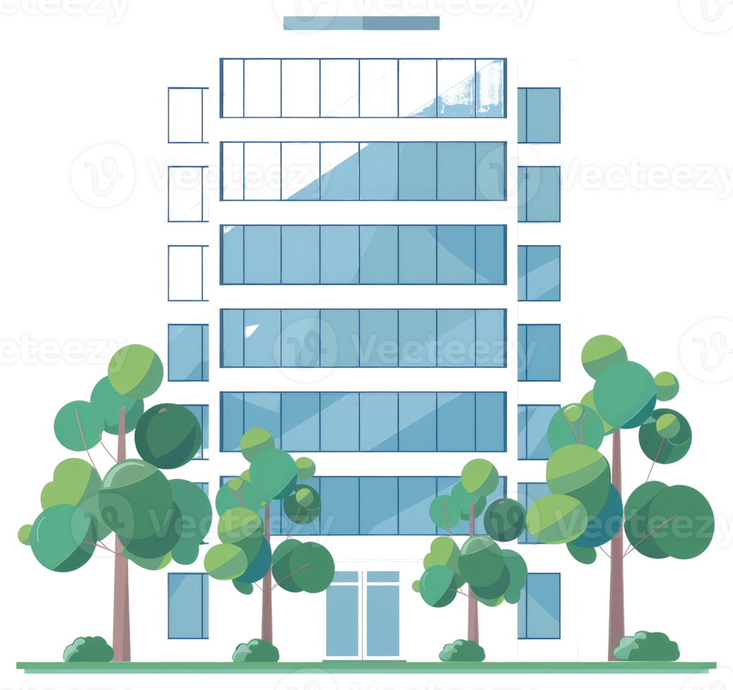 A tall modern building with trees and green foliage in view png