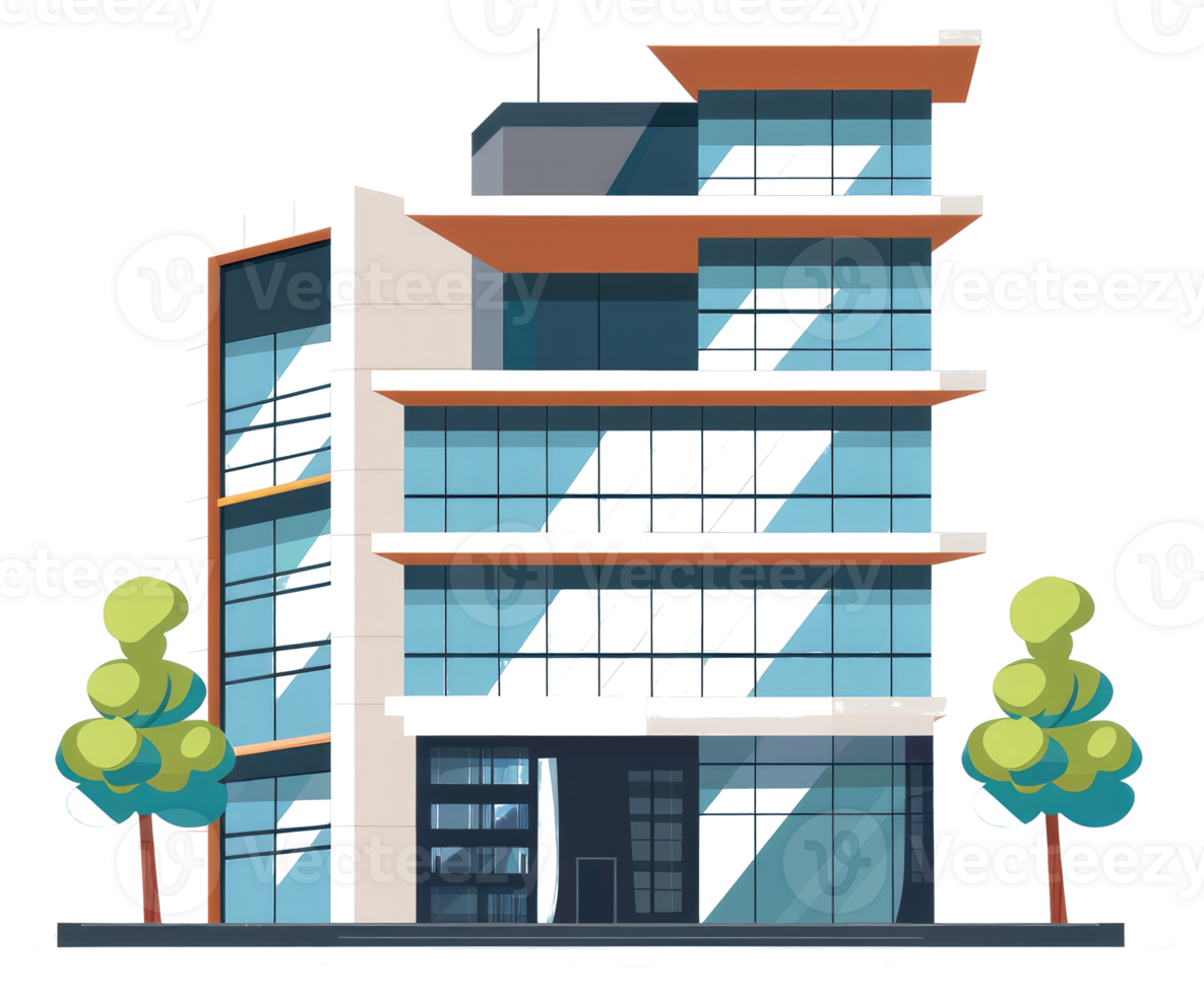 Modern office building with multiple floors and trees around it png