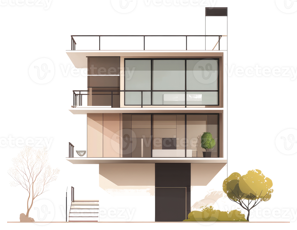 A modern three story house with trees and landscaping details png