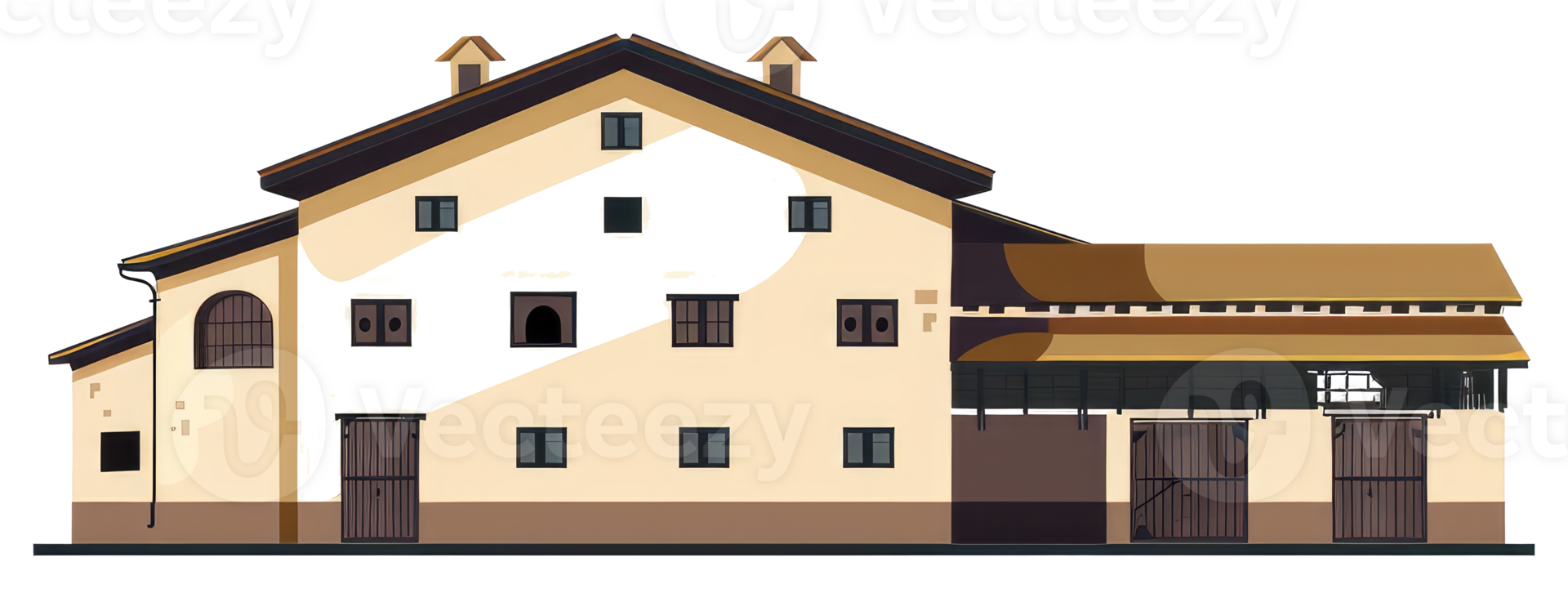 A large architectural building with multiple doors and windows png
