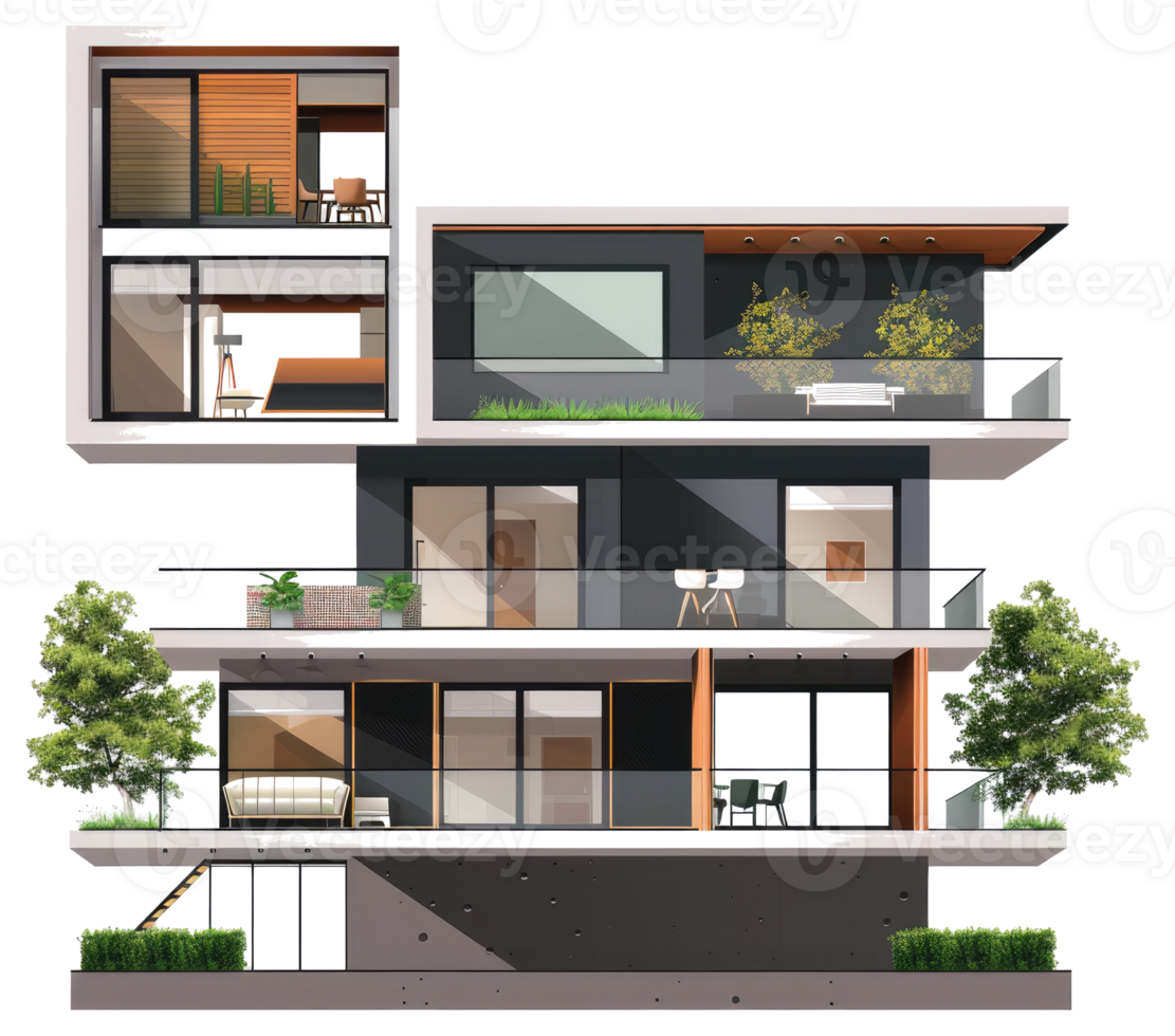 An architectural rendering depicting a modern multi story residential building png