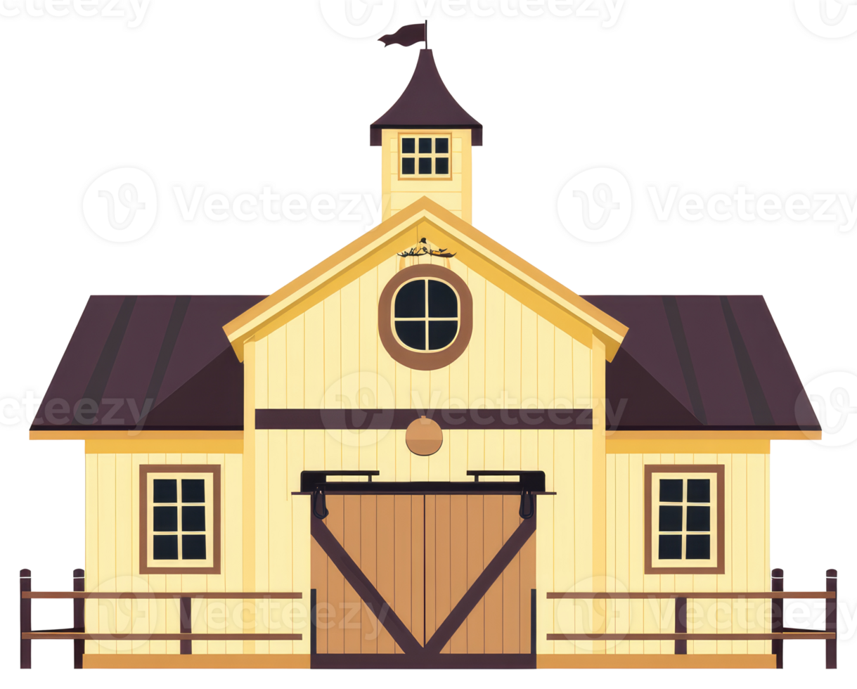 A light yellow and brown barn with windows and a flagpole png