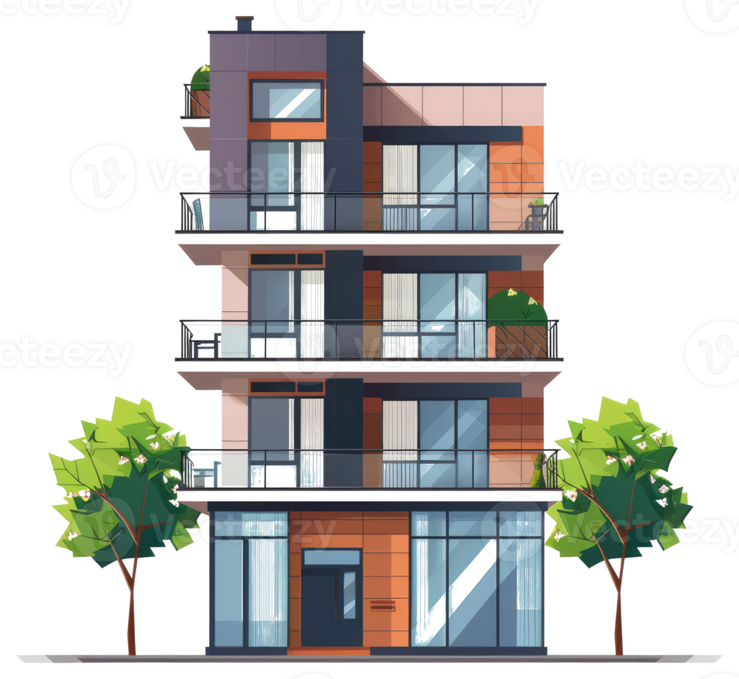 Modern apartment building with balconies and surrounding trees png