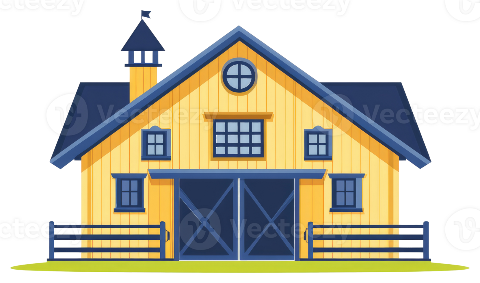 A yellow barn with a blue roof and fence is shown png