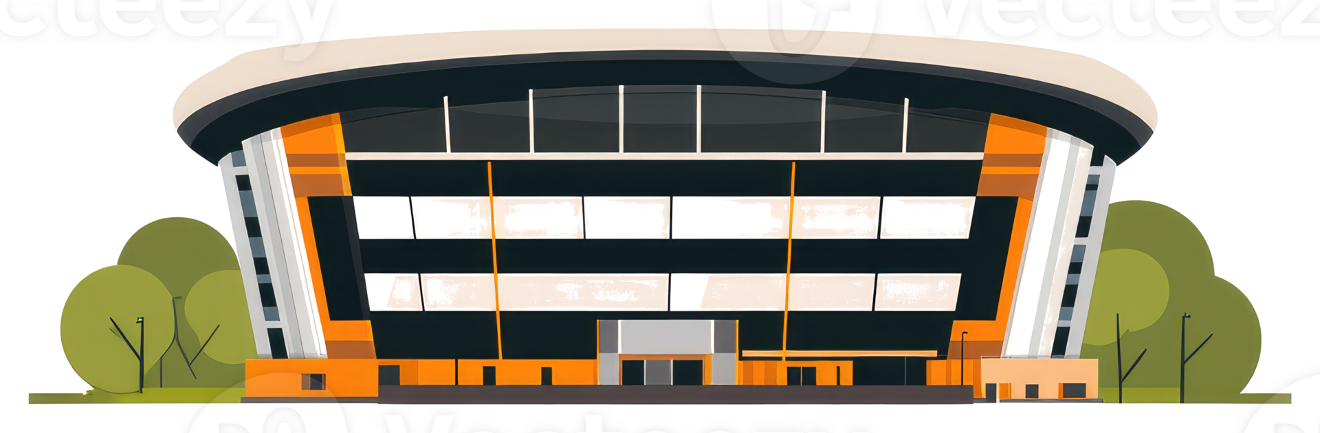 Modern architectural stadium building with trees and exterior lights present png
