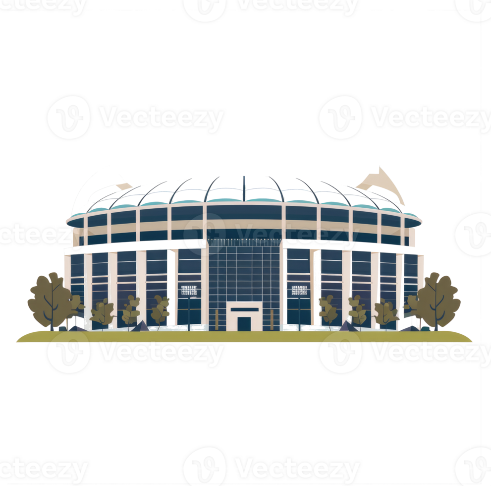 An illustration depicts a large modern stadium with trees around it png