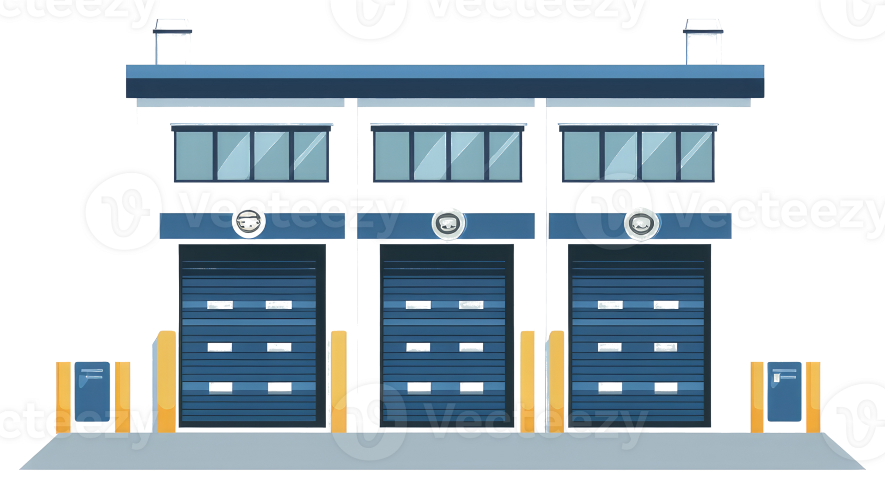 An illustration of a building with three large roller doors png