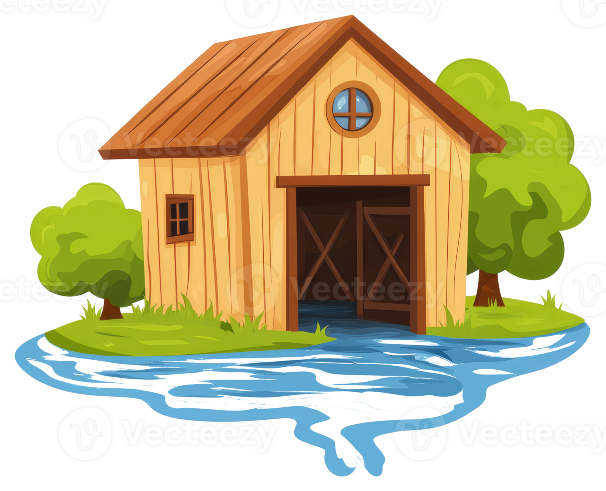 A Cartoon Barn Surrounded by Green Trees and Blue Water png